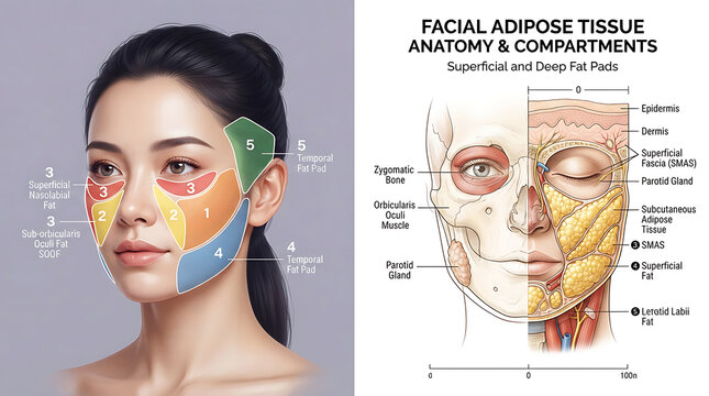 Detailed diagram of facial adipose tissue compartments and anatomy