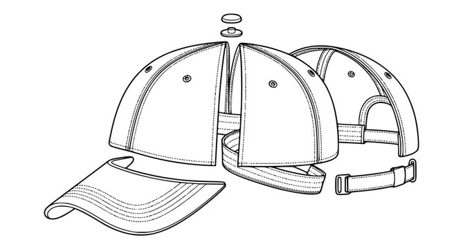 Baseball cap exploded technical sketch with crown visor strap and construction details vector