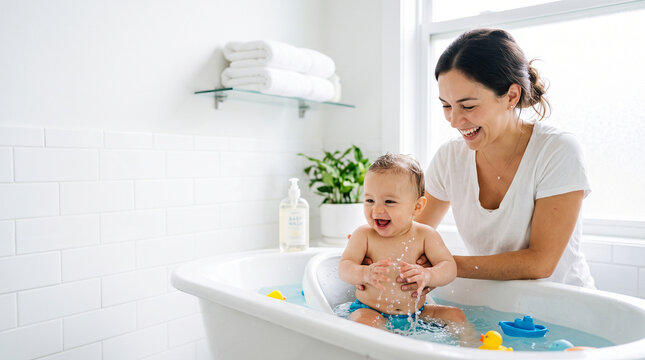 Mother bathing and playing with happy baby as baby care and bonding at bath time