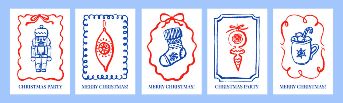 Christmas greeting cards. Poster set with doodle crayon holiday elements. Vector hand drawn sketch isolated illustration.