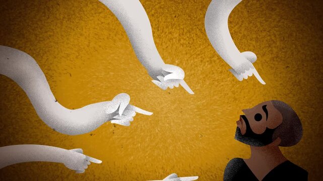 black man being discriminated against and pointed at by white hands