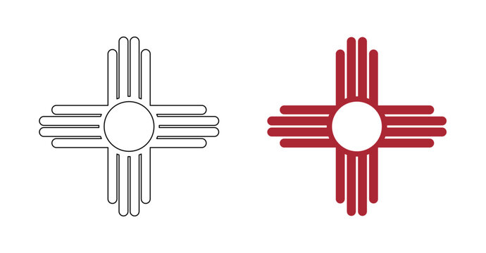 Zia black contour, red symbols set. New Mexico state flat logo black, red outline layouts. Ancient native Americans simple silhouette sign icon, sticker, badge.