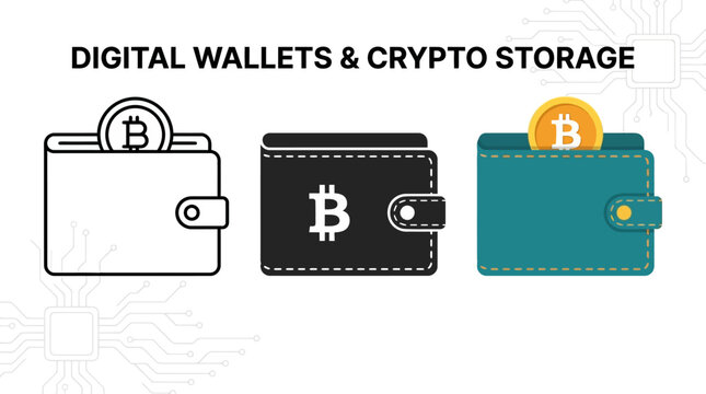 Three Bitcoin wallets in white, black, and teal colors symbolizing cryptocurrency storage, digital finance, and secure blockchain transactions.
