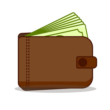 Brown leather wallet full of green money bills vector illustration