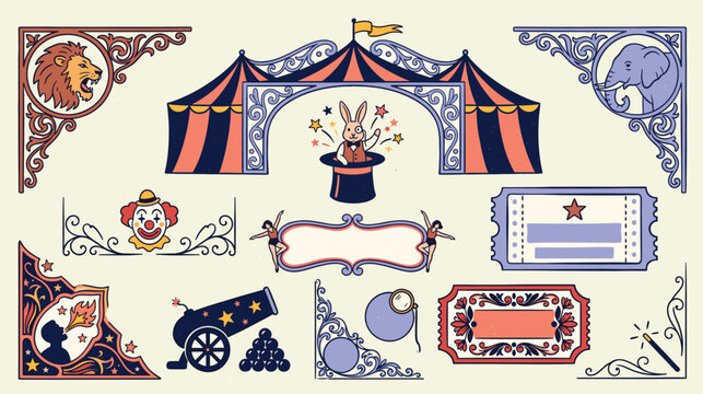 Vintage circus ornament elements set with tent, ticket, rabbit magic frame.
