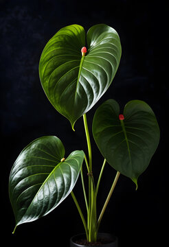 Tropical anthurium plant with large green leaves and red spadix, exotic botany and natural beauty on dark background