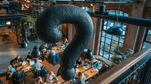 Large dark question mark symbol in busy modern cafe or coworking space with people