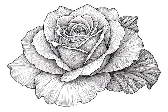 Detailed black and white rose illustration with leaves