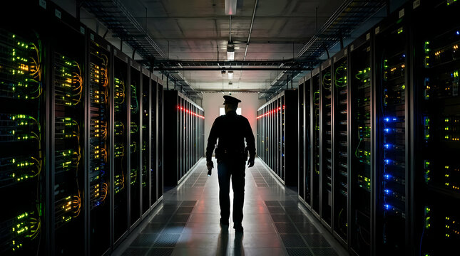 A security guard walks through the aisle of a massive data center facility monitoring server racks with glowing lights during a routine patrol to ensure the safety of critical computing hardware