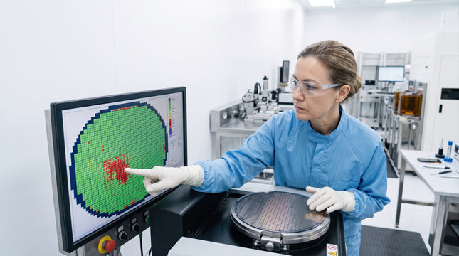 Scientist in cleanroom pointing at silicon wafer defect map for semiconductor yield analysis