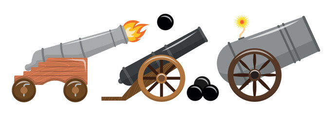Obraz premium Set of vintage artillery weapons in cartoon style.Vector illustration side view of military guns: ship, field on wheels, fire coming from the barrel, bunch of cannonballs isolated on white background.