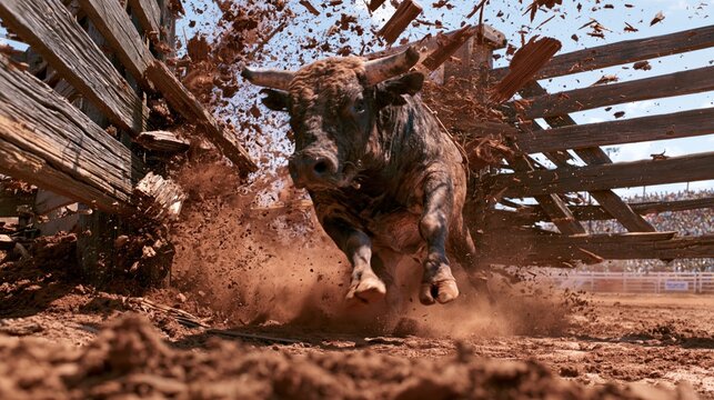Horned bull bursts through collapsing corral fence during intense rodeo action