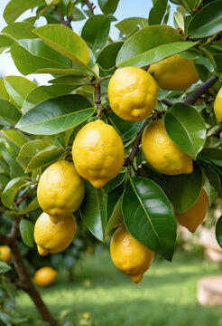 Fresh lemons on a tree branch, healthy eating and natural food concept, organic citrus fruit in a garden