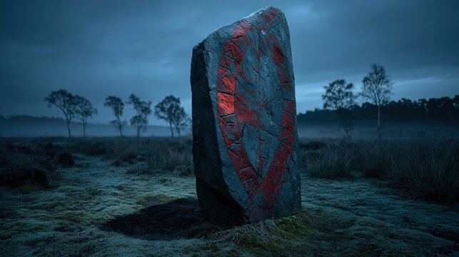 Ancient looking rune stone monolith with red carvings in a dark misty field
