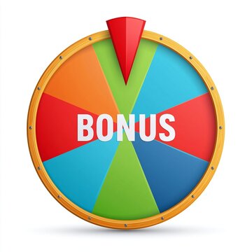 Colorful fortune wheel with bonus text and red pointer isolated on white background