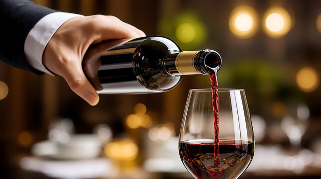 Sommelier Pouring Premium Red Wine into Elegant Glass at Luxury Fine Dining Restaurant
