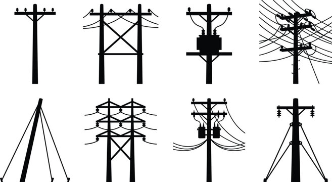 Black Utility Pole and Electrical Transmission Silhouettes Featuring Power Line and Tower Designs