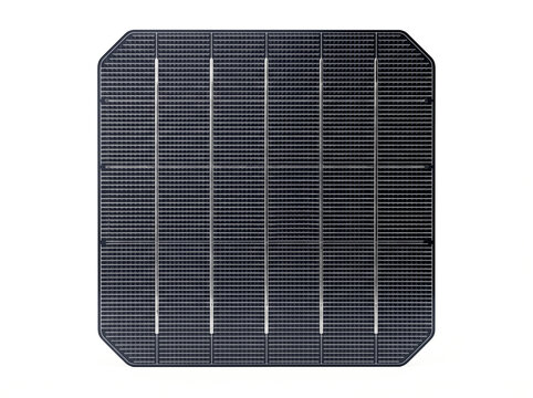 close-up view of a single solar cell with grid lines isolated on white background