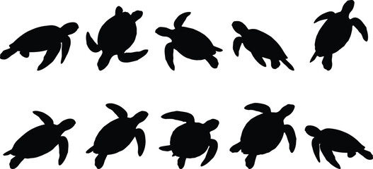 Fototapeta premium Black Sea Turtle Silhouettes in Different Swimming Positions Highlighting Flippers and Body Shapes