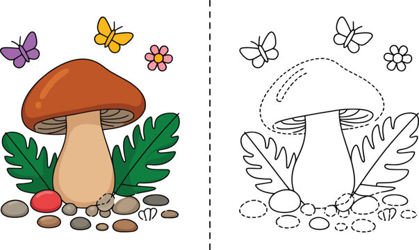 Mushroom coloring page worksheet with butterfly and flower for kids education black and white mushroom worksheet butterfly learning activity illustration preschool exercise