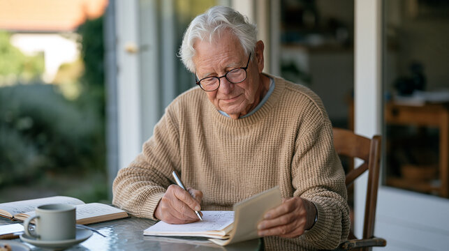An elderly retired bookkeeper sits at a frosted glass outdoor table on a misty autumn morning reviewing handwritten ledger pages, the quiet rural lane behind them barely visible,