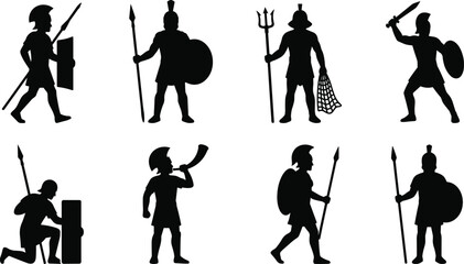 Fototapeta premium Black Gladiator and Ancient Warrior Silhouettes with Spears, Shields, Swords, Tridents and Horns