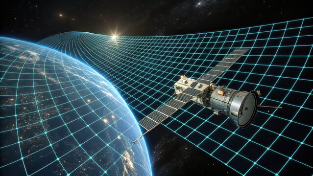 Satellite orbiting planet with bending spacetime grid