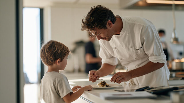 Child watching through a kitchen doorway as a private chef in a sterile all white catering kitchen assembles an elaborate tasting menu plate, the low vantage point framing