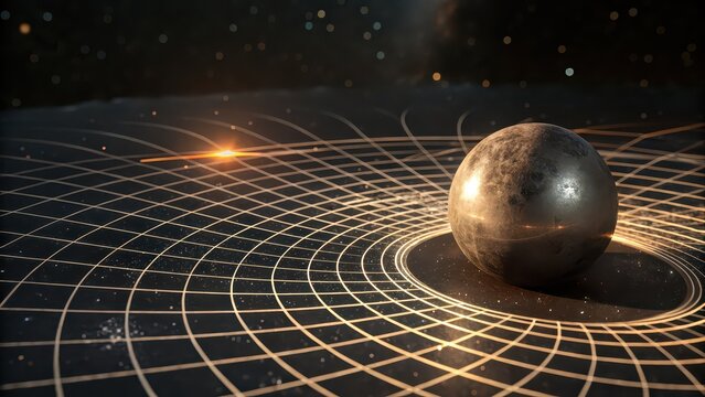 Heavy metal sphere sinking into glowing grid representing gravity