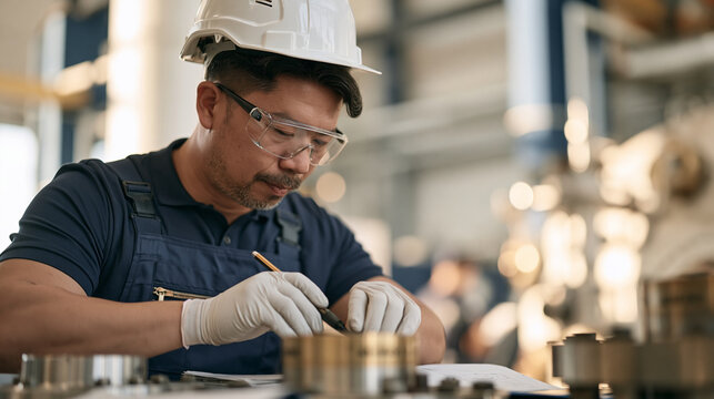 Nuclear engineer at golden hour examining decommissioned component parts with gloved hands, close up on fingertips tracing serial numbers, a former conventional engineer