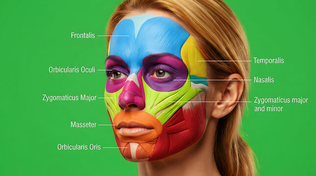 Woman showing labeled facial muscles face anatomy