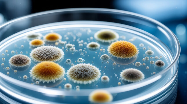 Bacterial Colonies and Mold Spores Growing on Agar in Glass Petri Dish for Microbiology Laboratory Research and Scientific Experiment