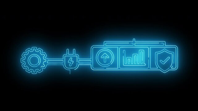 Cyber neon blue power plug connecting to secure analytics dashboard showcasing protected digital energy and data metrics