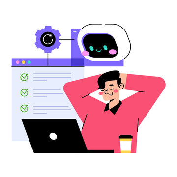 An illustration of a man relaxing at his desk with a laptop, a coffee cup, and a to-do list. A robot icon is shown in a thought bubble above his head, suggesting automation or artificial intelligence.