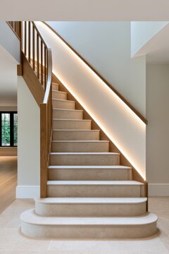 Modern minimalist staircase interior with integrated led handrail lighting and oak banister for interior design and architectural background