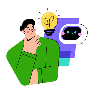 A person with a bright idea symbolized by a lightbulb, with a friendly chatbot interface suggesting innovation and creativity.
