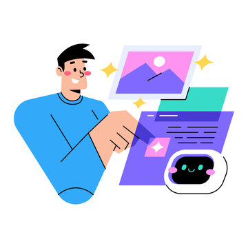 A cheerful man is using a computer to create a digital collage with images and a cute robot assistant. The scene depicts creativity and technology working together.