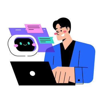 A man is working on a laptop with a friendly chatbot interface nearby, symbolizing modern technology and assistance