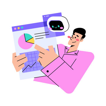A man pointing at a pie chart while a cute robot icon floats above a speech bubble. The graphic shows a modern design with a pink and purple color scheme.