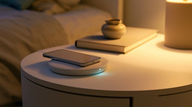 Smartphone resting on a wireless charging pad on a bedside table in warm ambient evening light
