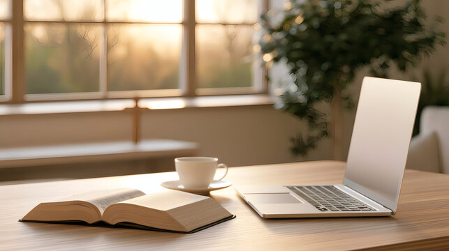 Cozy workspace with a laptop, open book, and coffee cup on a wooden desk by a sunlit window. Ideal setting for remote work, studying, or reading at home.