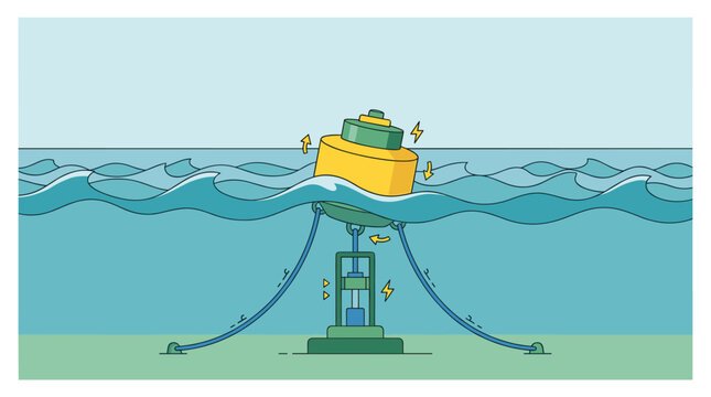 Wave energy converter device in ocean, generating electricity from ocean waves, flat design illustration