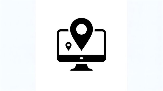 computer monitor with location pin icon isolated on white background, vector map pointer, online location and digital map navigation icon, desktop screen with map pin symbol