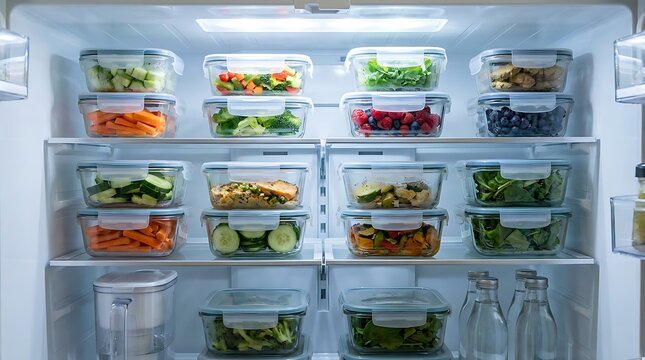 Organized refrigerator shelves filled with plastic food storage containers containing fresh healthy meal prep. spill proof container