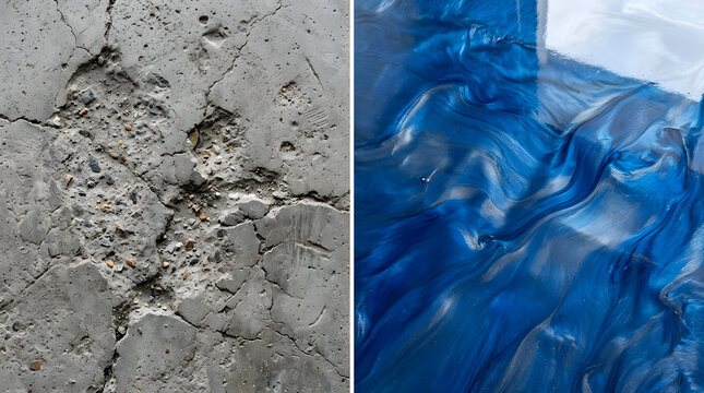 damaged grey concrete wall texture | metallic blue fluid acrylic pour | industrial vs luxury surface contrast | glossy epoxy resin art background | cracked stone and liquid swirls