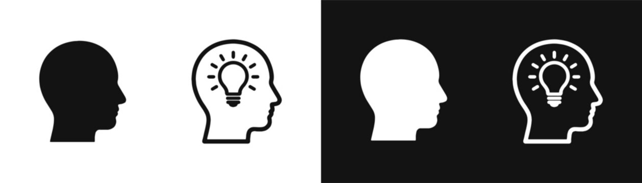 Creative thinking and idea icon set, head with light bulb