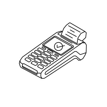 Isometric EDC terminal POS machine line art icon with check mark payment approved