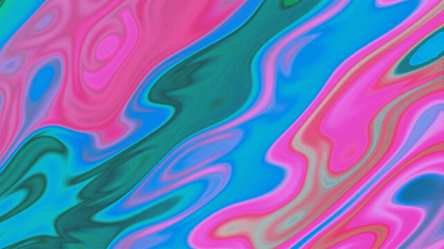 Abstract iridescent halftone dot pattern with diagonal flow of electric blue, hot pink, and teal liquid textures on dark background. Anchors Y2K and retrofuturism design for a DJ event poster.
