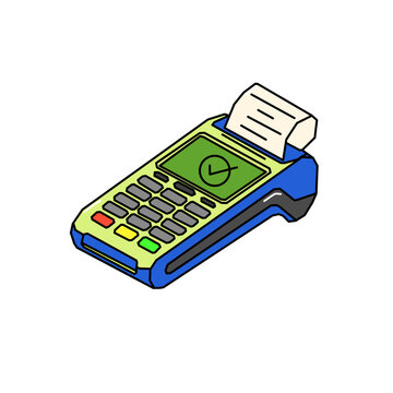 Isometric EDC terminal POS machine with payment approved check mark on screen