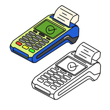 Isometric EDC terminal POS machine with check mark success payment, color and outline line art